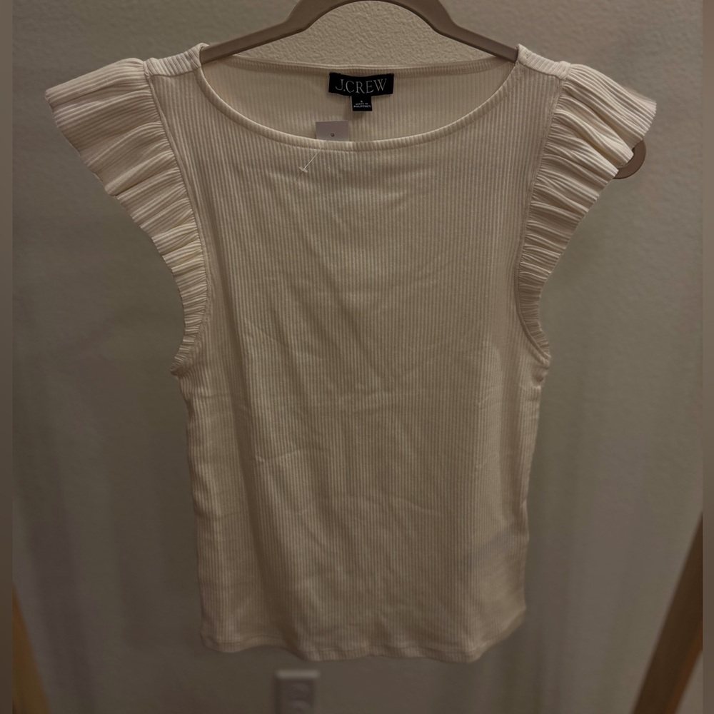 JCrew- Vintage rib ruffle boatneck tanktop. White.Size S. NWT. Originally $59.50